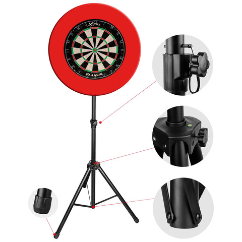 A red dartboard mounted on a black adjustable tripod stand displays numbered sections and a green center, designed for throwing darts in a recreational setting, indicating an opportunity for gameplay.