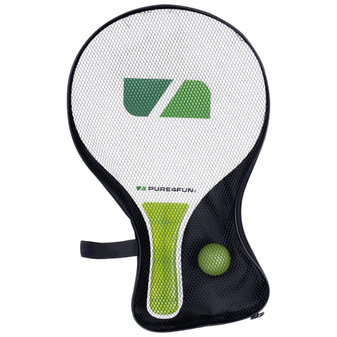 A mesh paddle with a rounded shape is displayed resting flat with a green ball nestled in its pocket showcasing the brand logo and name Pure Fun in contrasting colors.