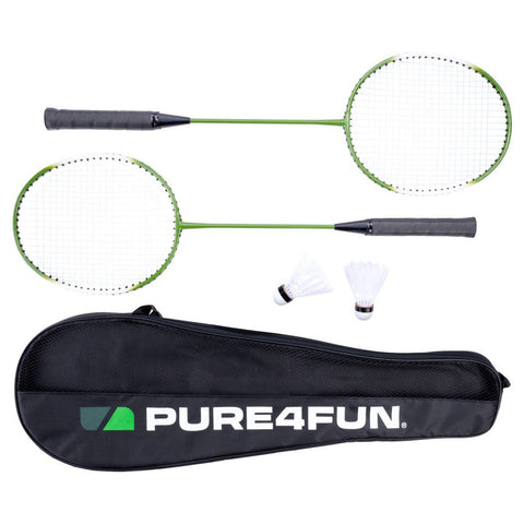 Two green badminton rackets with black grips lie flat alongside two shuttlecocks inside a black carrying case labeled PURE4FUN, showcasing a compact sports setup for outdoor play.