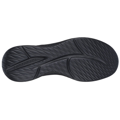 A black shoe sole is displayed with a textured pattern and side branding visible on the surface suggesting it is designed for stability and grip in various environments.