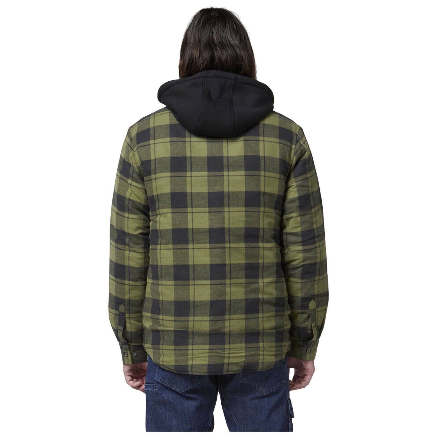 A person wearing a green and black plaid jacket with a black hood stands facing away, showing the back of the garment in a neutral setting.