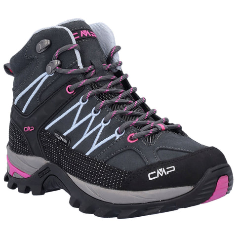 A hiking boot features a gray and black design with pink details laces and a waterproof label showcasing its rugged sole and ankle support intended for outdoor activities.