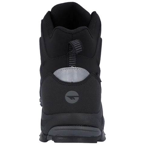 A black hiking boot stands upright facing forward featuring a textured upper material a pull tab and a logo on the side showcasing an outdoor or athletic design