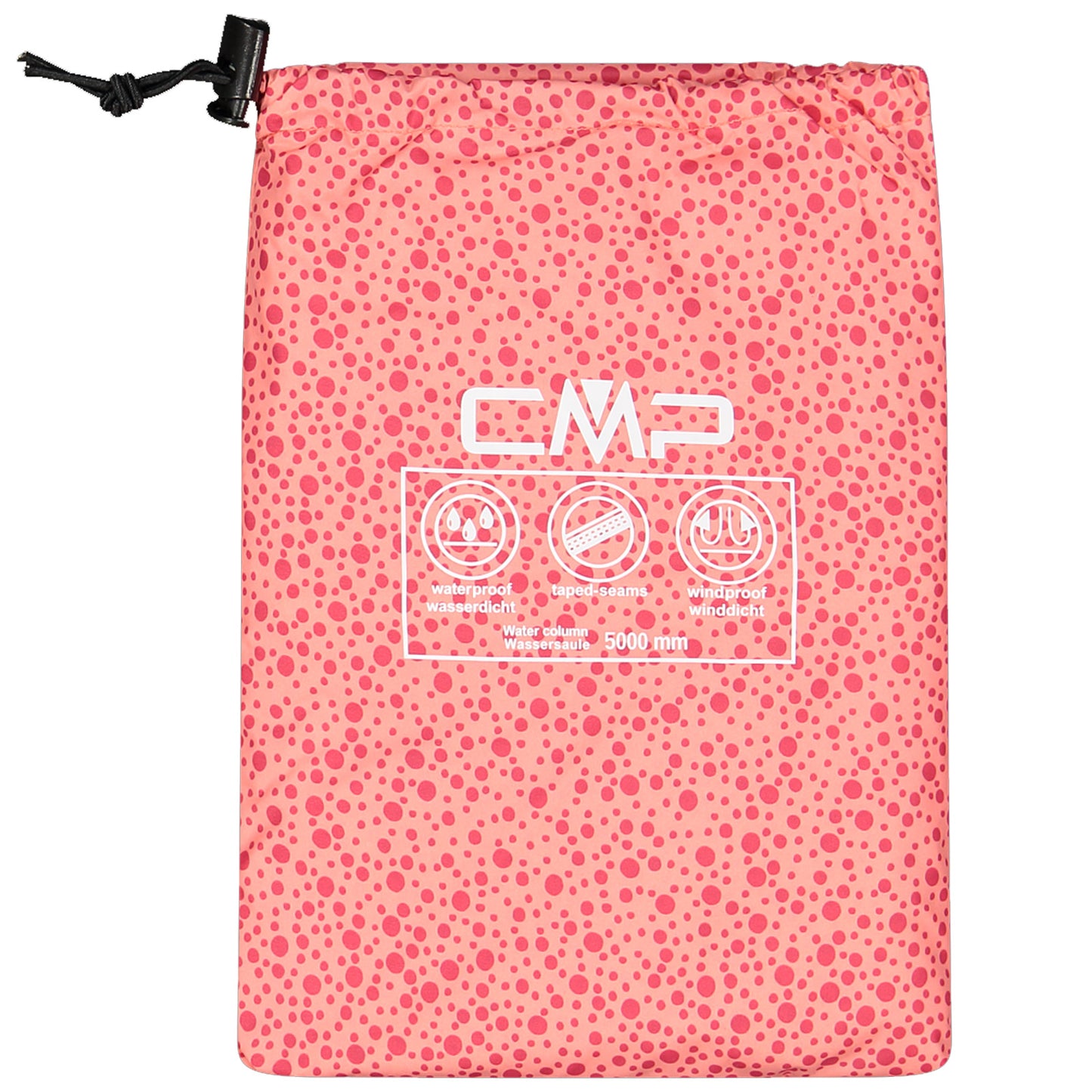 A pink drawstring bag features a speckled pattern displaying icons and text regarding its waterproof and windproof properties designed for outdoor use with a water column of 5000 mm.