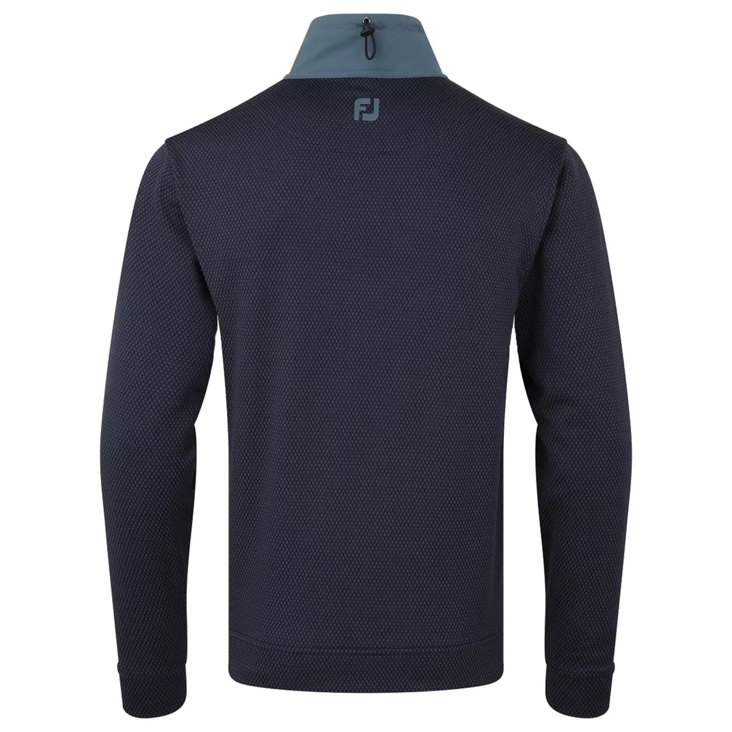 A dark blue long-sleeve pullover stretches across the frame featuring a textured pattern and a high collar with a grey accent at the neck showcasing the logo on the back.