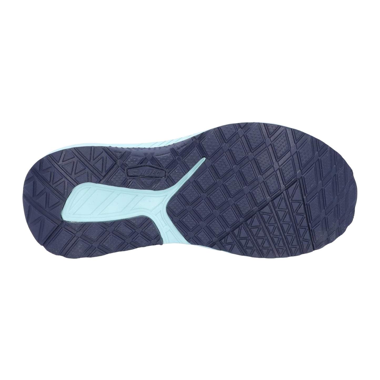 A shoe sole is viewed from underneath showing a textured surface for grip with a blue-green portion and a darker blue section featuring patterned grooves designed for traction.