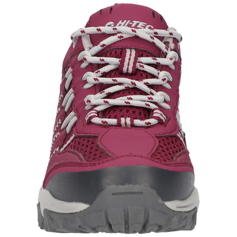 A pink athletic shoe features prominent lacing and a mesh upper for breathability it is positioned against a neutral background showcasing its design and color details.