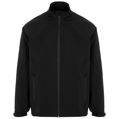 A black jacket is displayed frontally with a high collar and a zippered front it features zipped side pockets on a neutral white background.