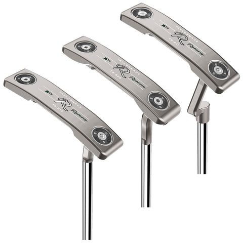 Three silver golf putters stand upright, showcasing their angled heads with markings. They are arranged closely together, highlighting their sleek design and emphasizing their intended use on the golf course.