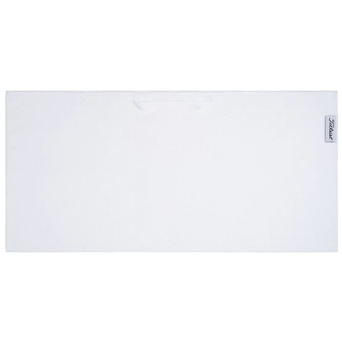 A rectangular white towel lies flat on a surface designed for drying or cleaning use with a small handle on one side for easy transport.