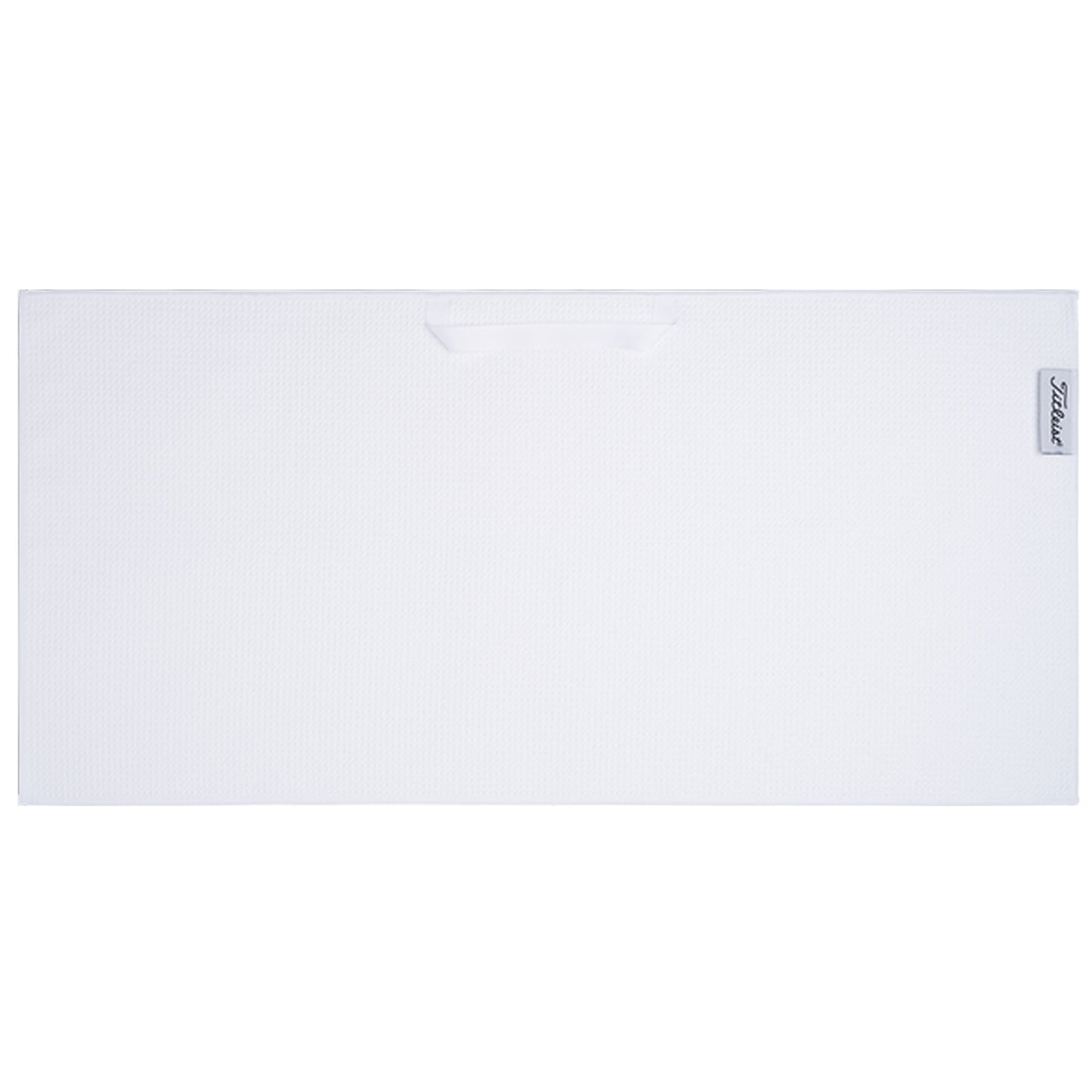 A rectangular white towel lies flat on a surface designed for drying or cleaning use with a small handle on one side for easy transport.