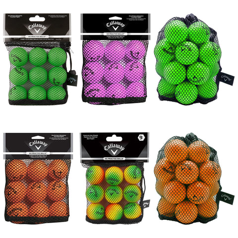 Six bags of colorful practice balls are displayed. The bags contain bright green, pink, orange, and yellow-green balls. Each bag is made of black mesh and labeled with the brand Callaway.