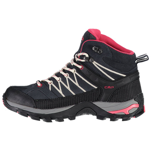 A mid-cut hiking boot features a dark exterior with pink accents and white laces designed for outdoor activities providing support and traction suitable for rugged terrains.