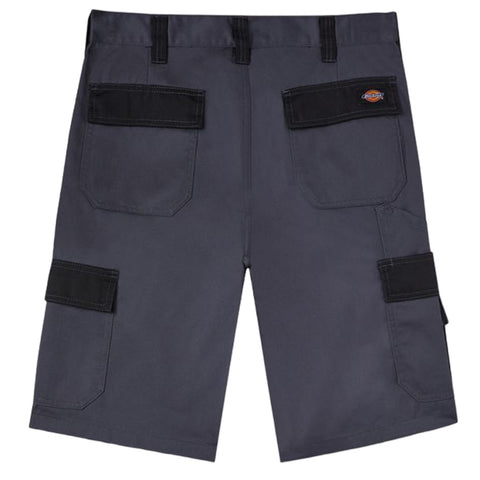 Gray cargo shorts with multiple pockets including two large side pockets and two back pockets are displayed flat against a plain background showcasing their functional design and sturdy fabric.