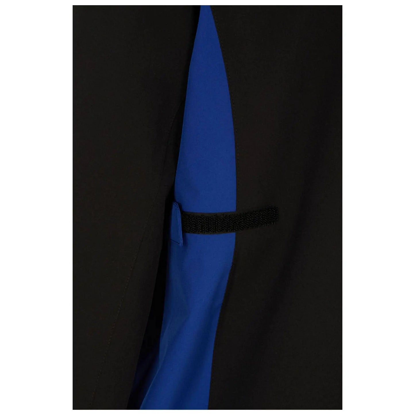 A piece of clothing featuring a combination of black and blue fabric is positioned with a Velcro strap visible on a side seam, suggesting a stylish design in a textile context.