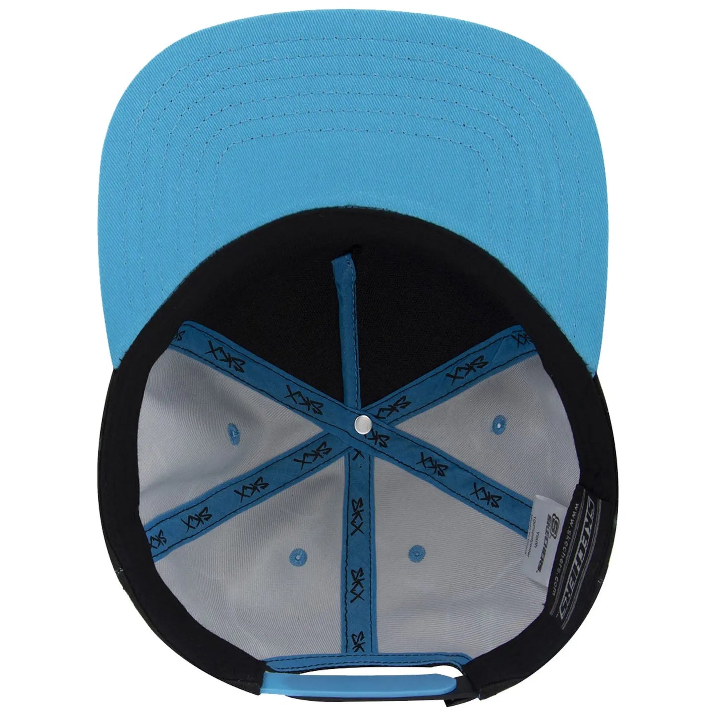 A blue and black baseball cap is viewed from underneath showing its inner lining and stitching patterns with circular ventilation holes and a central button for fit adjustment.
