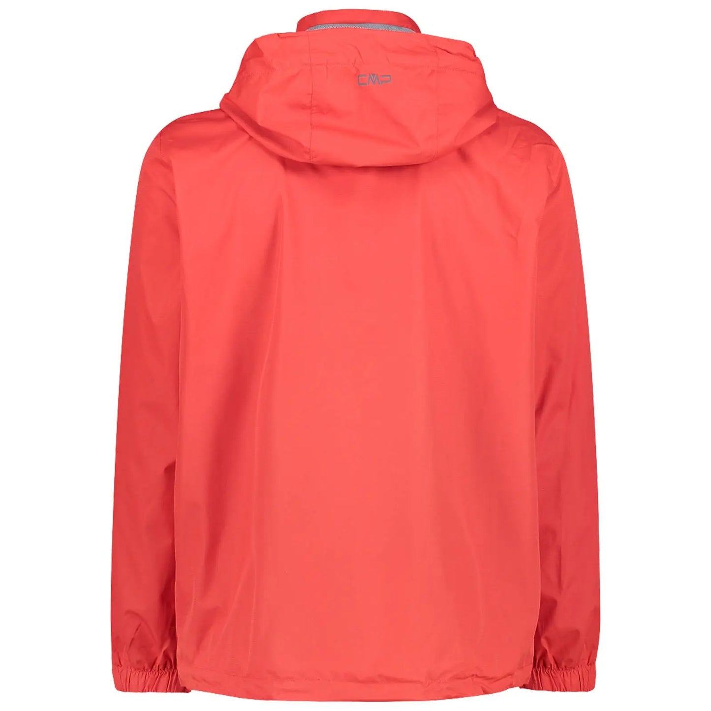 A bright red jacket with a hood hangs freely showcasing its simple design and elastic cuffs in a neutral setting with no distractions around it.