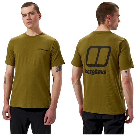 A man in a short-sleeved olive green t-shirt stands facing forward and sideways showcasing the t-shirt’s texture and the black logo on the back in a plain background.