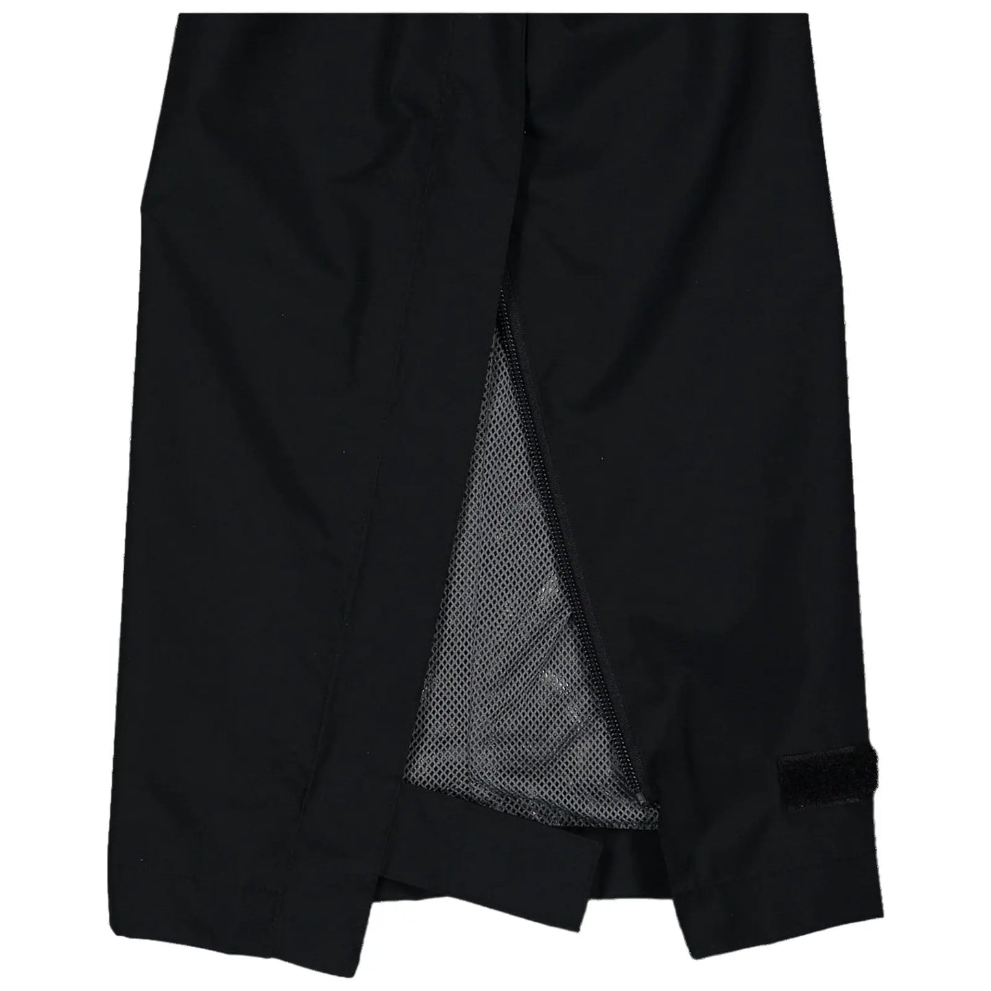 A black garment with a zippered opening reveals a mesh lining inside the hem enhancing ventilation in an outdoor or active wear context