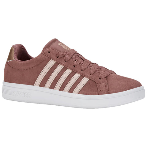 A pink sneaker with white stripes is displayed. It features a textured upper and lace closure. The shoe is set against a plain background, emphasizing its design and color.