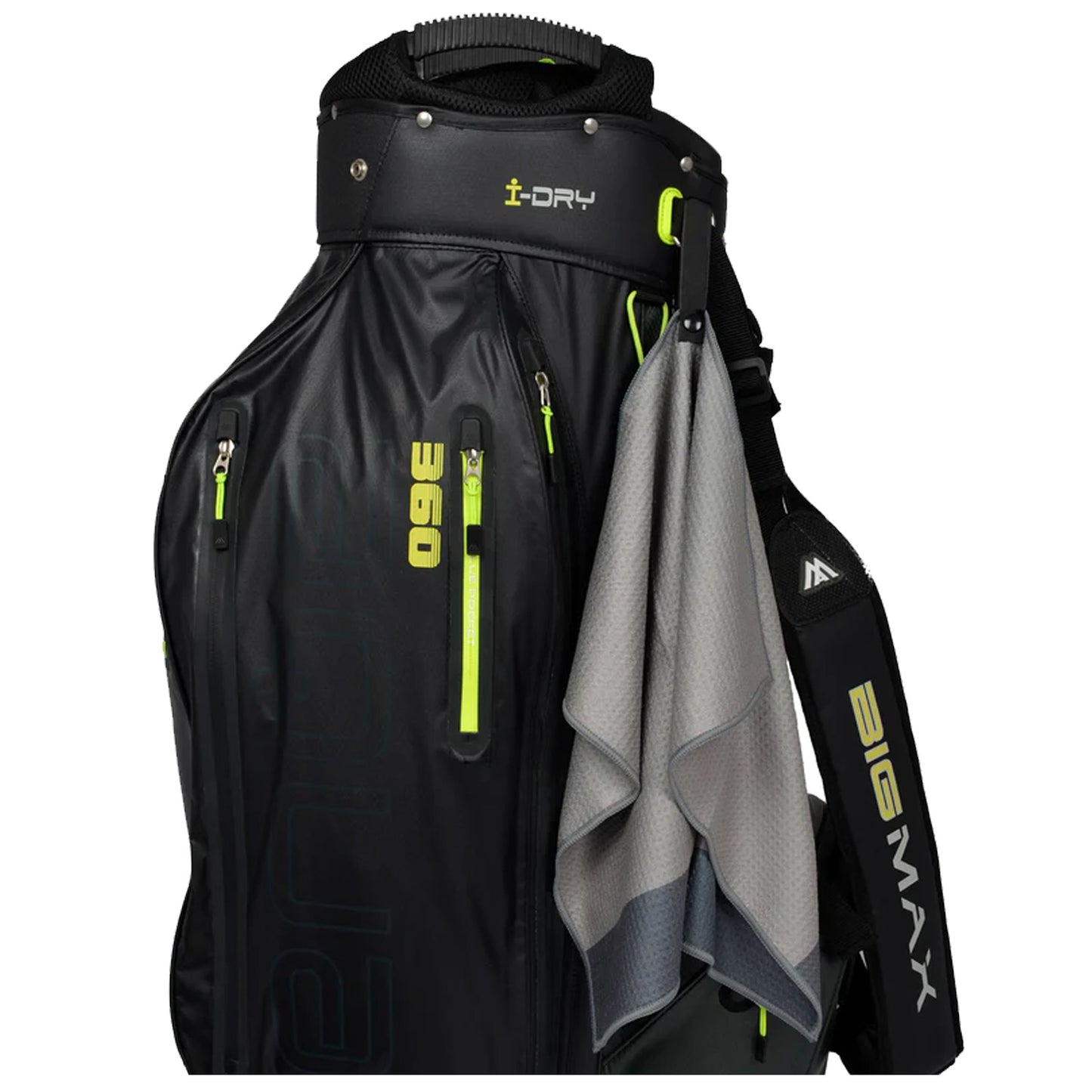 A black golf bag with multiple zippers and bright green accents holds a gray towel draped on its side, designed for golf equipment storage and transport.
