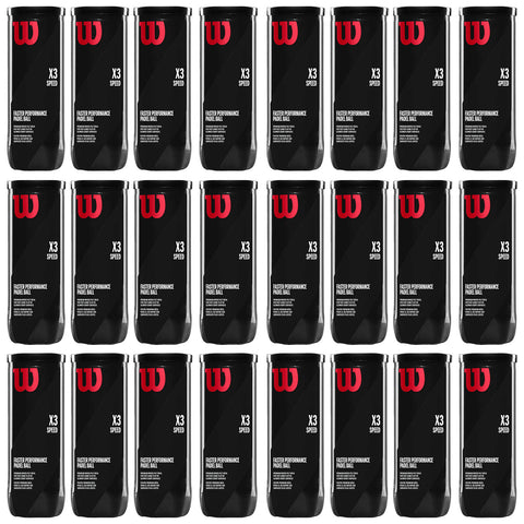 Twenty-four black canisters with red logos and labels line up in a grid pattern showcasing the product X3 Speed Fast Performance Paddle Ball emphasizing sports branding and packaging design.
