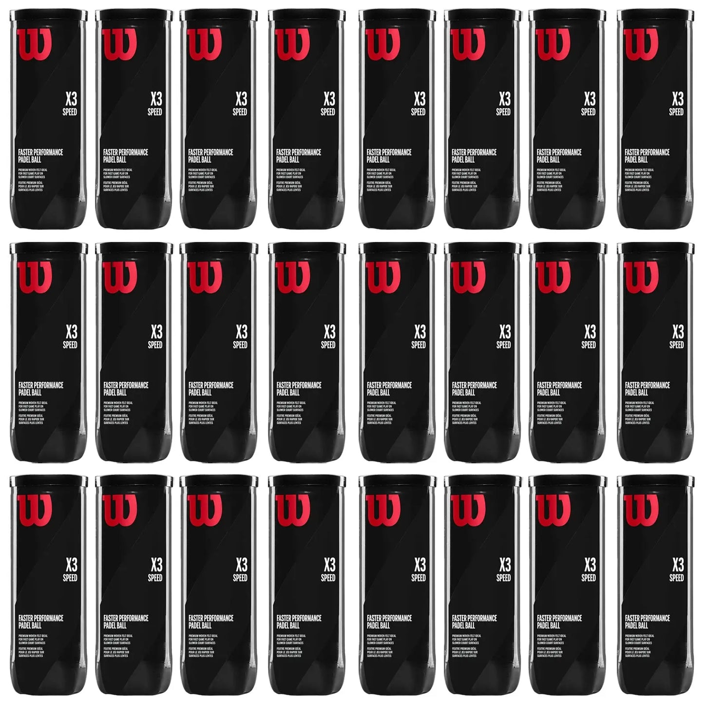 Twenty-four black canisters with red logos and labels line up in a grid pattern showcasing the product X3 Speed Fast Performance Paddle Ball emphasizing sports branding and packaging design.