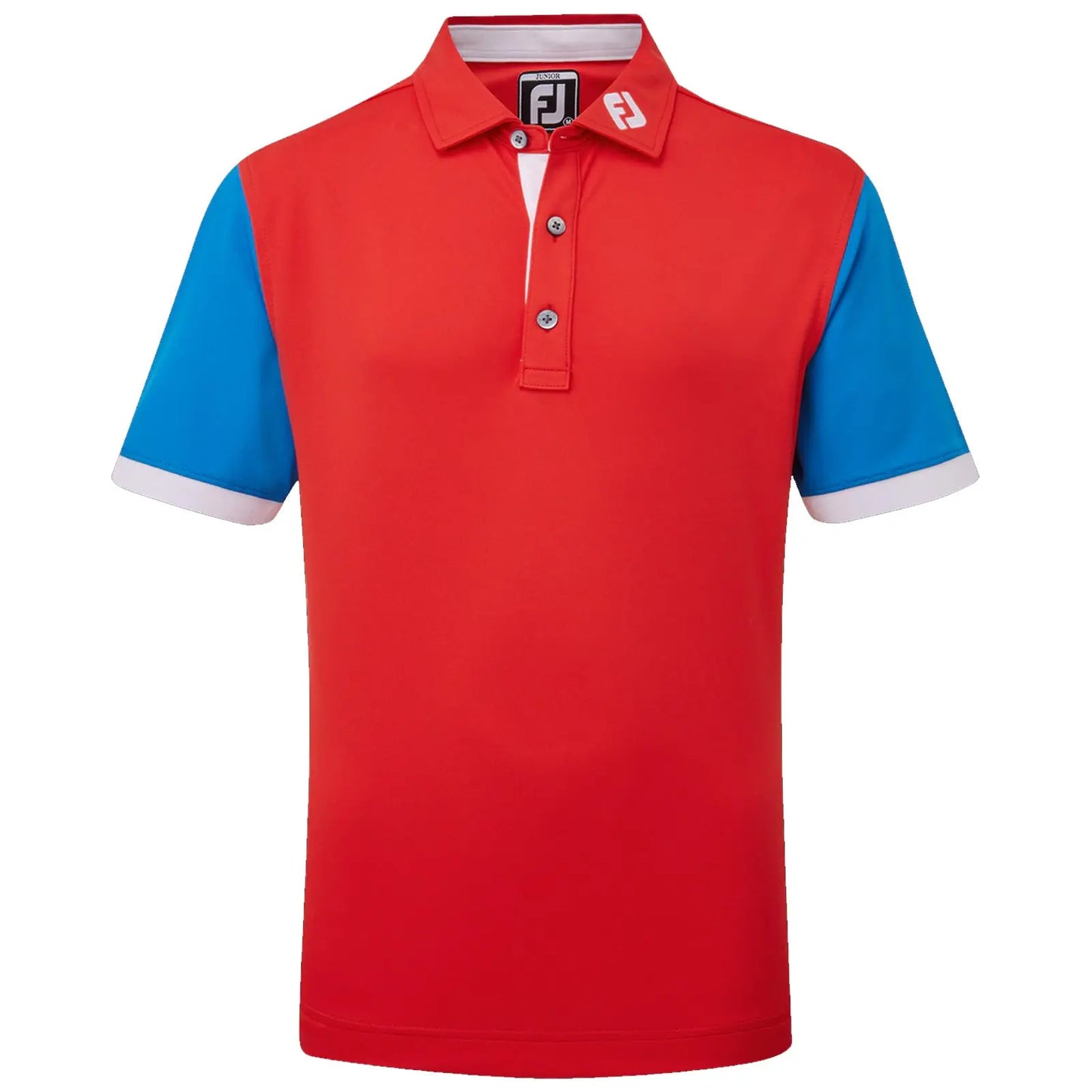 A red polo shirt with blue short sleeves features a white collar and a logo on the left side. It is designed for casual or athletic wear.