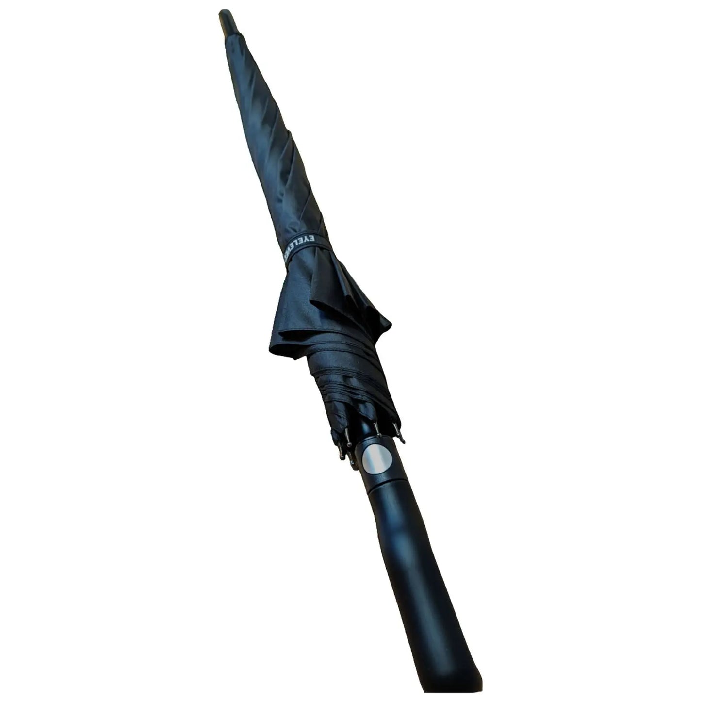 A black umbrella is closed and upright resting on a flat surface with its canopy tightly wrapped around the handle showing no visible wear or markings in a simple background.