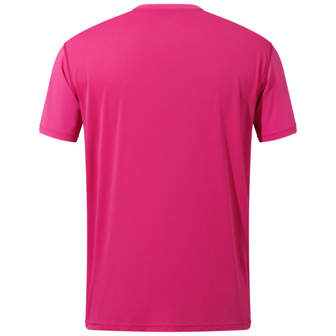 A bright pink short-sleeved shirt is displayed from the back showcasing a smooth texture and simple design suitable for athletic or casual wear in a neutral setting.