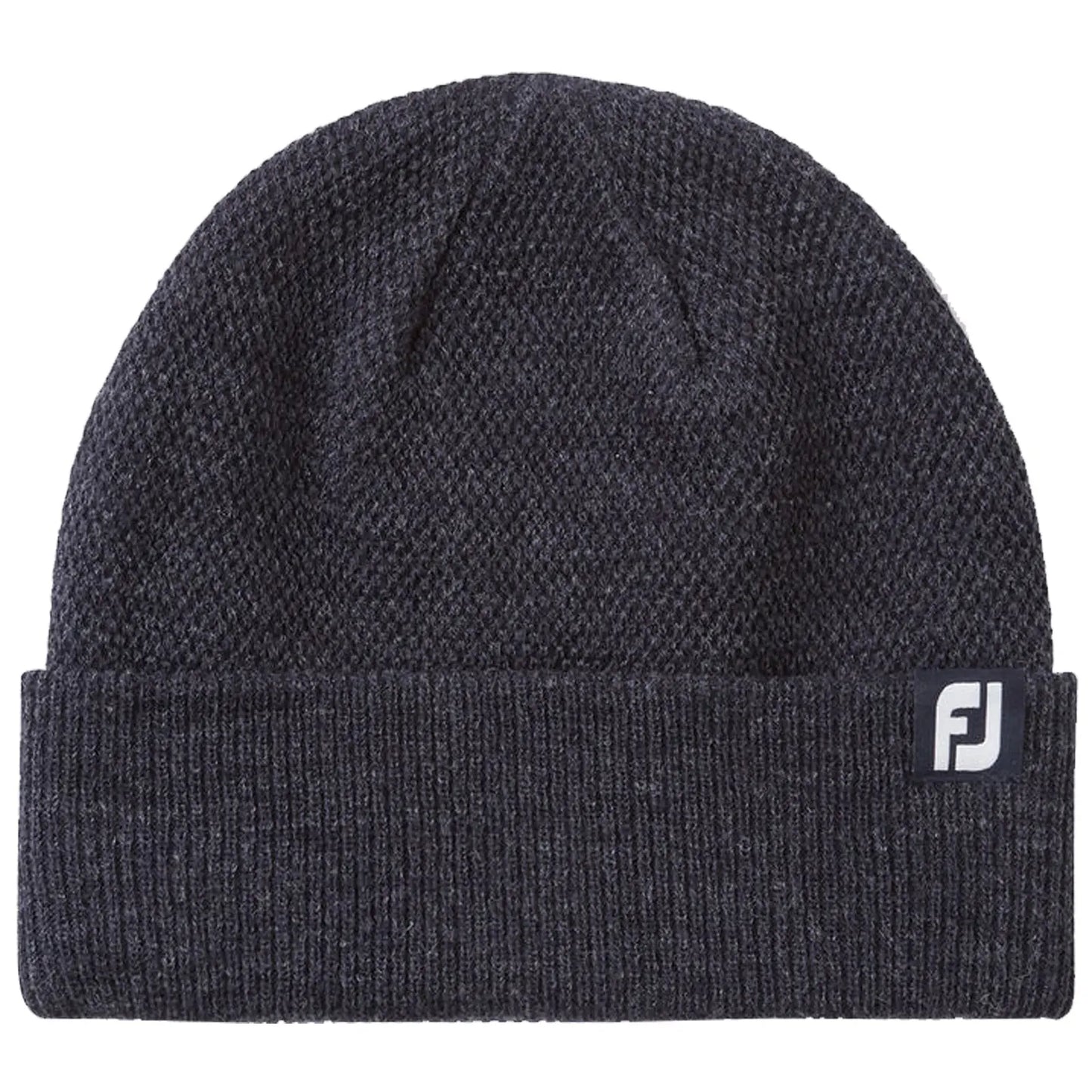 A dark gray knit beanie sits flat showing its textured fabric and folded cuff featuring a small logo tag indicating the brand. The setting is neutral and unobtrusive.