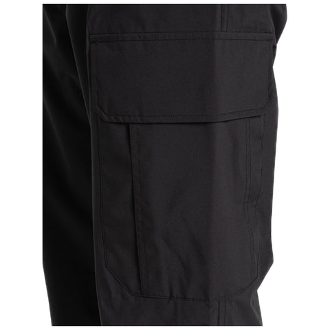 A pair of black pants is displayed showing a large cargo pocket on the side emphasizing practicality and storage for carrying items in casual or work environments.