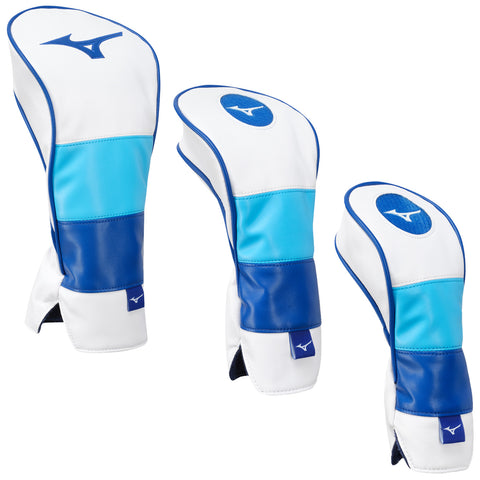 Three golf club headcovers are displayed. The headcovers are designed with white and blue colors and a sleek finish. They provide protection for the golf clubs in use.