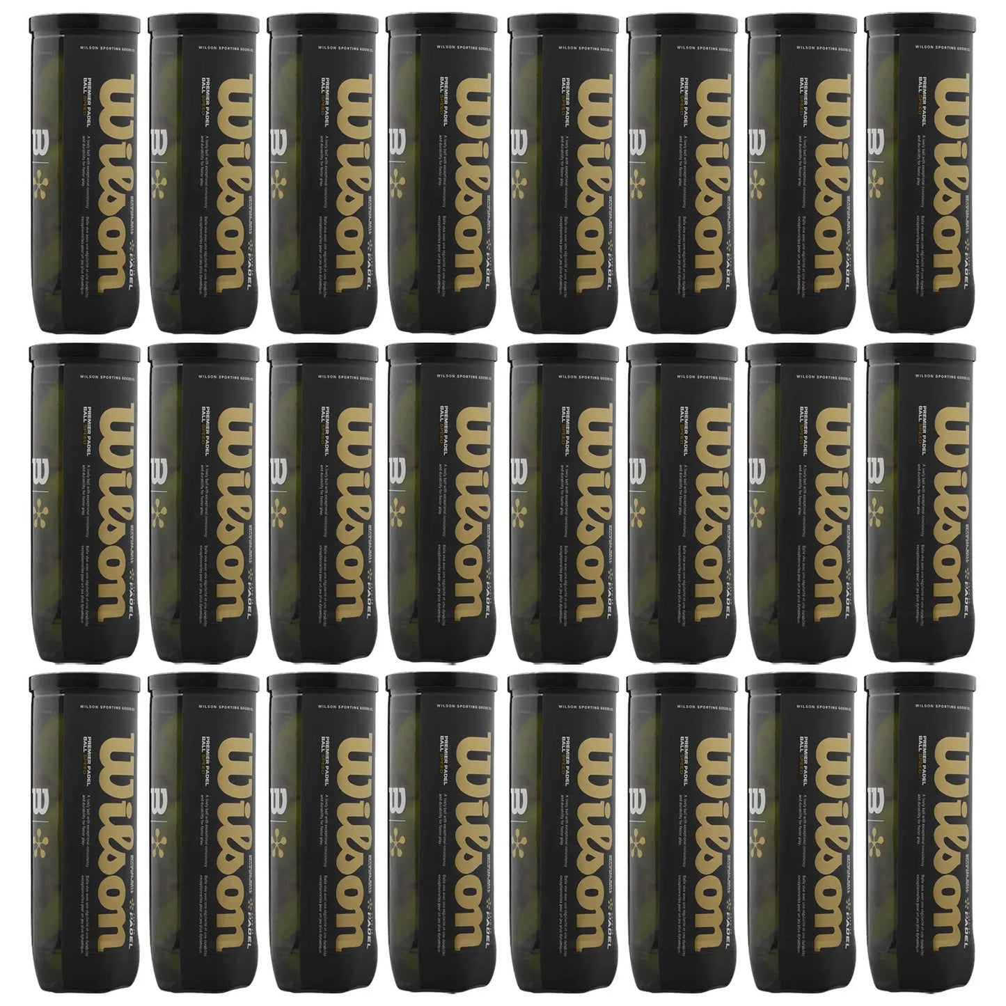 Twenty-four cylindrical containers are arranged in rows. Each container is labeled with the word "Wilson" in gold letters, suggesting they contain tennis balls, set against a plain white background.