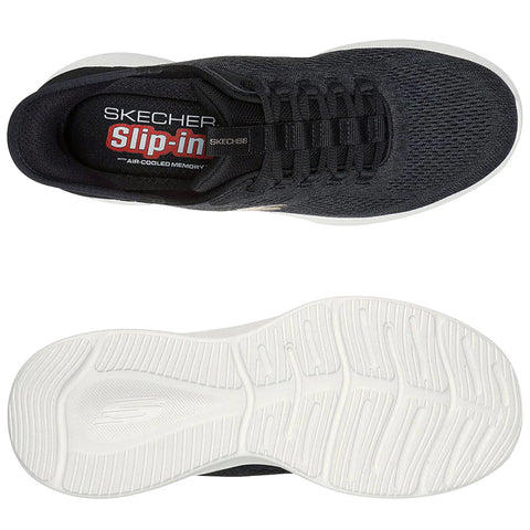 A black athletic shoe with a mesh upper and a white sole is displayed from above highlighting its lacing and padded collar with the brand name Skechers and model Slip-in visible inside.