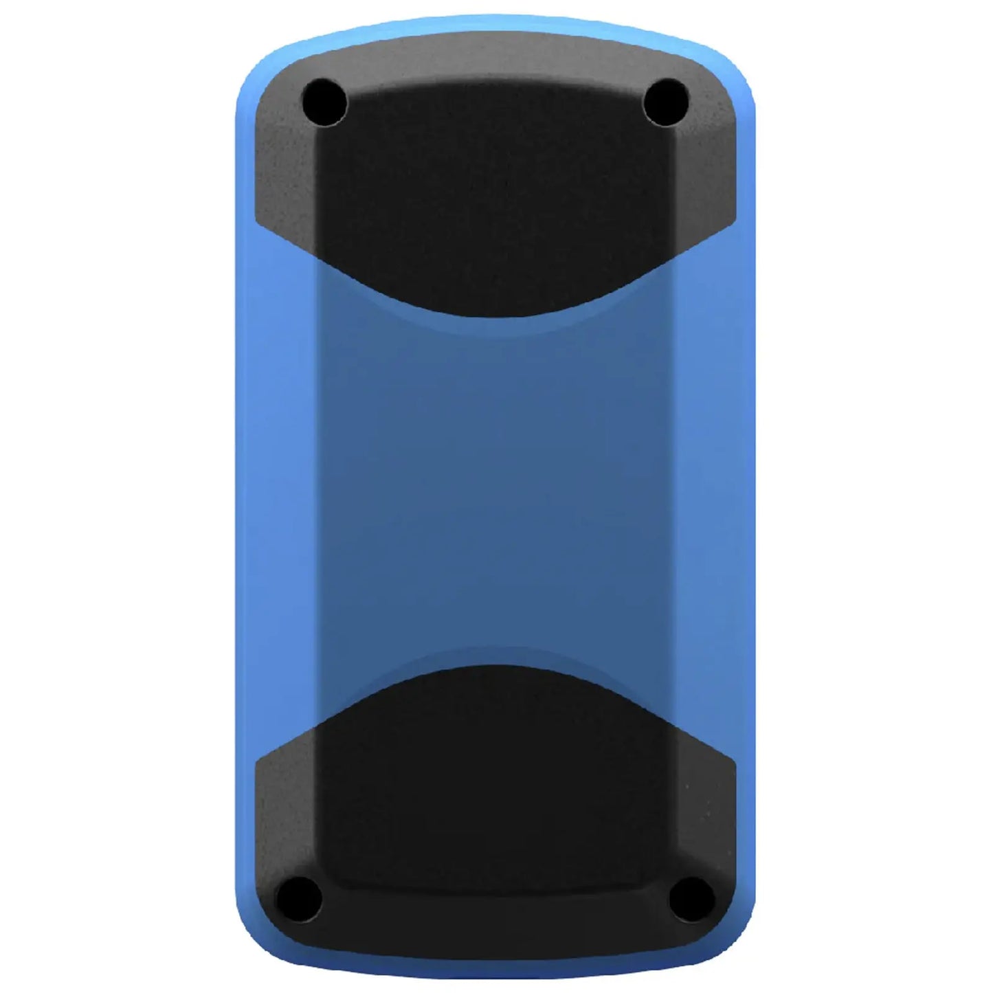 A rectangular object predominantly blue with black ends is designed for durability. It is likely a device or enclosure set against a plain white background, emphasizing its shape and color.