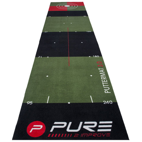 A long green putting mat is laid out with distance markers and targets at the far end showing a concentric circle design indicating practice areas for golf putting skills.