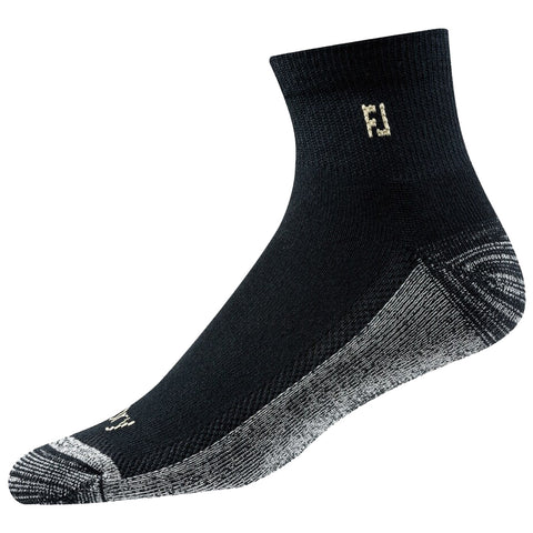 A black athletic sock with a ribbed cuff and a reinforced heel in gray is positioned upright against a neutral background highlighting its design and texture.