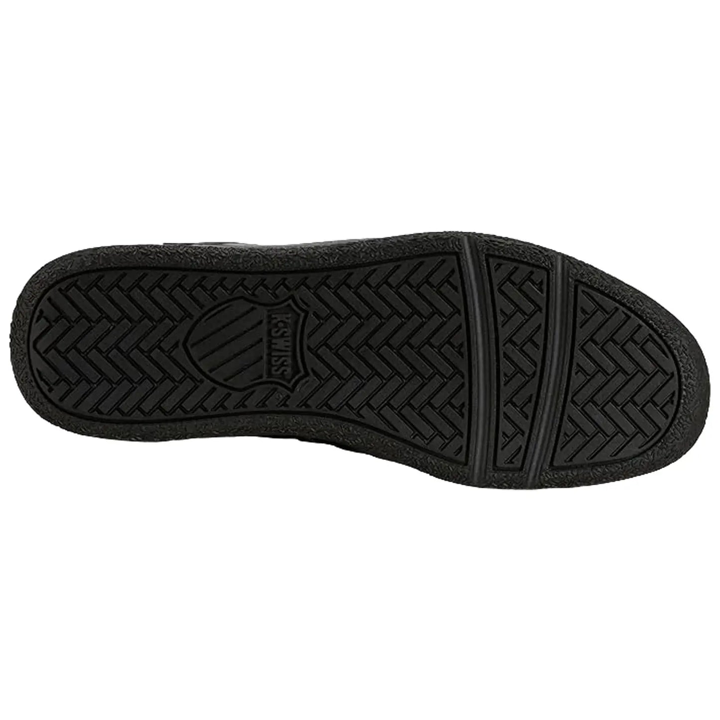 A black rubber shoe sole is displayed with a textured, treaded surface designed for grip and traction, showcasing its underside without any surrounding context or additional elements.