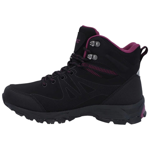 A black and purple hiking boot is positioned upright showcasing its sturdy sole and textured upper materials designed for outdoor activities in rugged terrains.