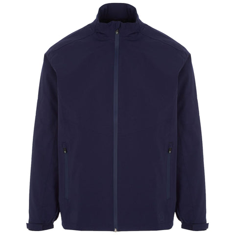 A navy jacket is displayed frontally with a high collar and full zipper featuring two side pockets. The fabric appears smooth and appropriate for casual or outdoor wear.