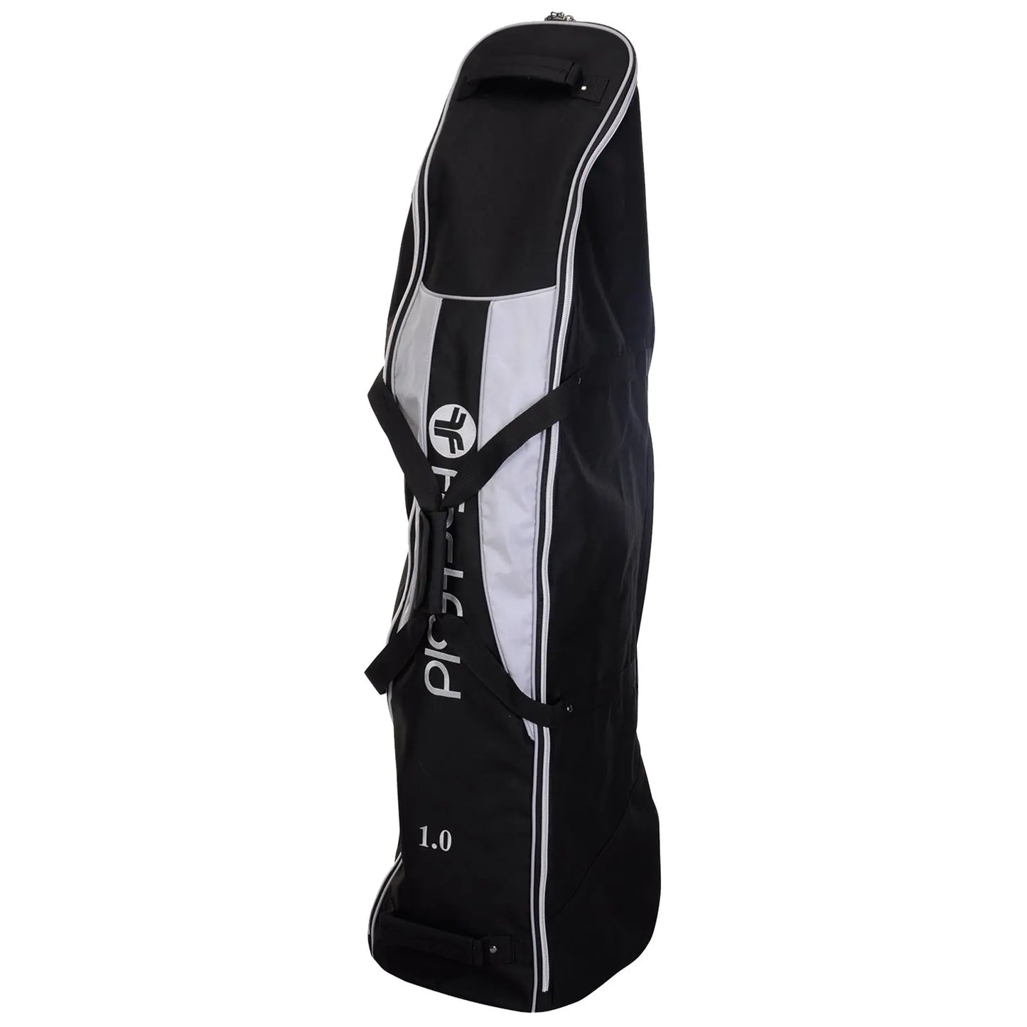 A tall black and gray sports bag stands upright featuring a zippered opening and straps for carrying showcasing the brand logo on the front and a model number on the side