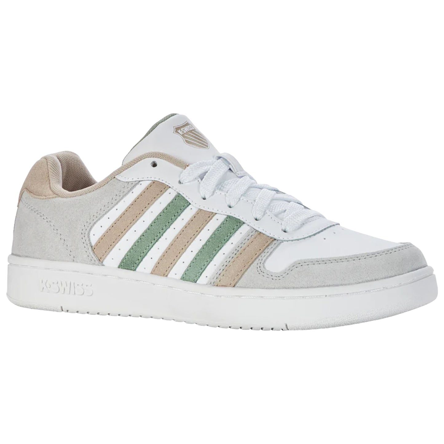A white sneaker features three green and tan stripes on the side laced up in a casual style placed on a white background presenting a sporty aesthetic.