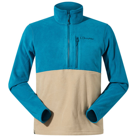 A fleece pullover with a light blue and beige color scheme features a half-zip front and long sleeves designed for warmth in outdoor settings.