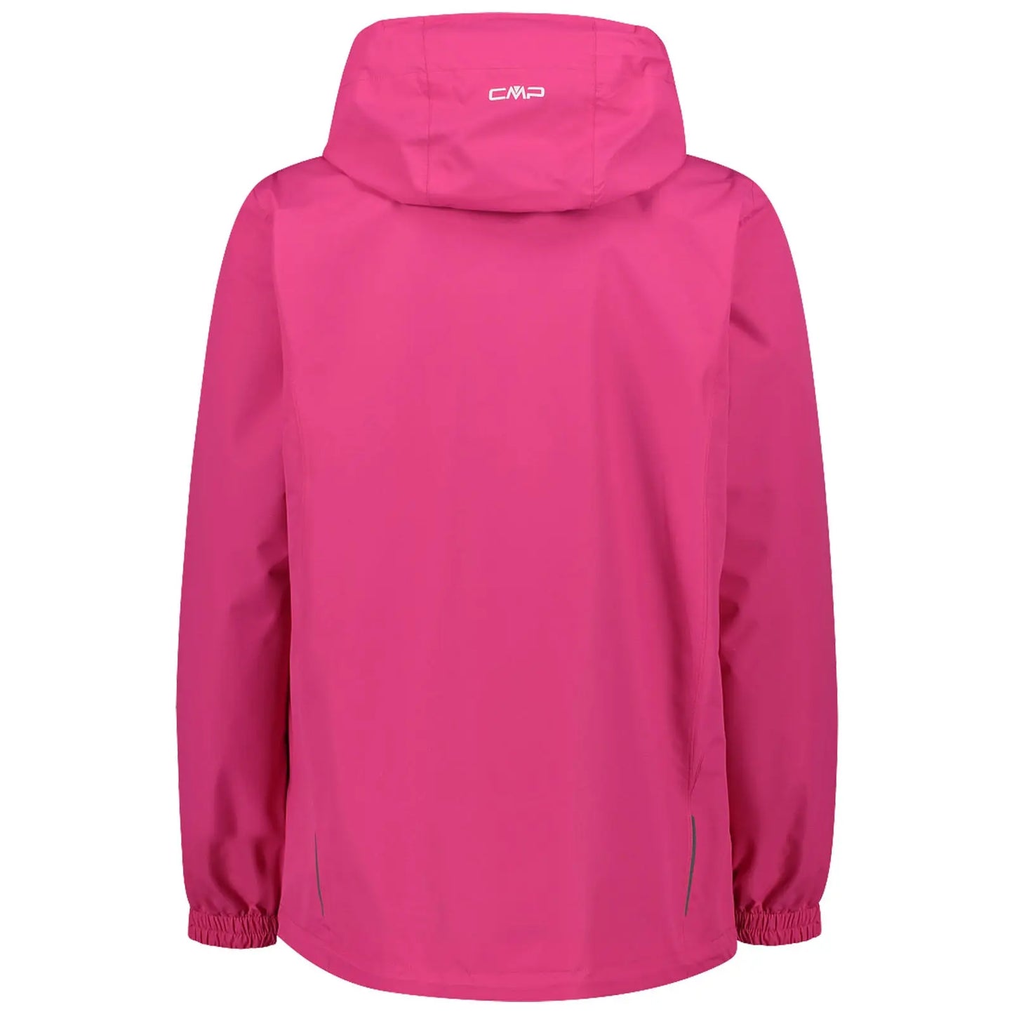 A bright pink rain jacket hangs vertically featuring a hood with elastic cuffs and a simple design suitable for outdoor activities in wet conditions.