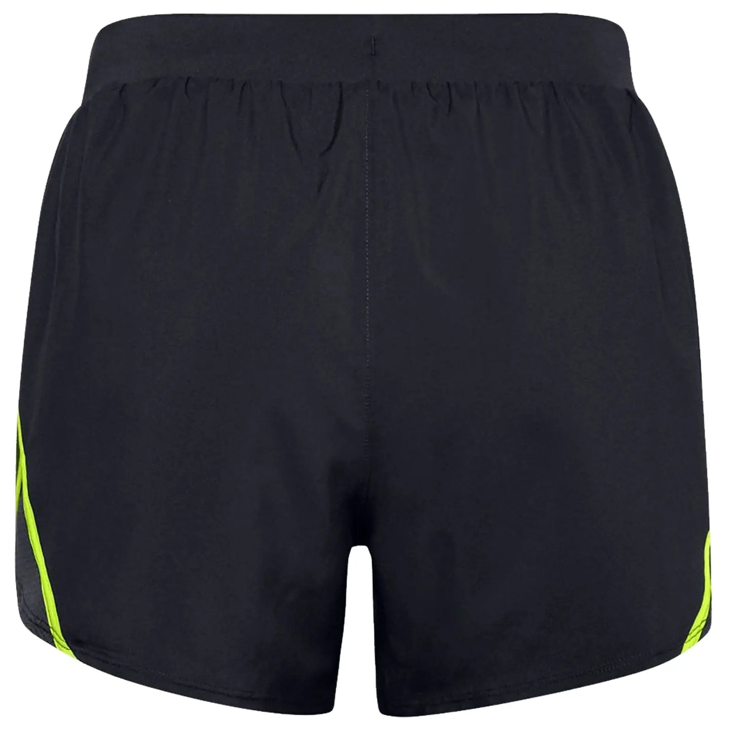 Black athletic shorts are displayed hanging straight down featuring a stretchy waistband and neon green side stripes emphasizing a sporty design suitable for exercise or casual wear.