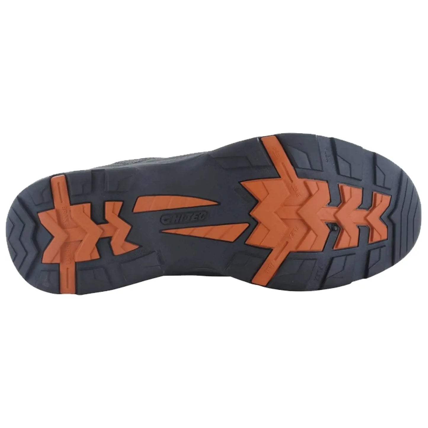 A black shoe sole with an intricate tread pattern shows orange accents designed for grip and traction, typically used in outdoor or active environments such as hiking or sports.