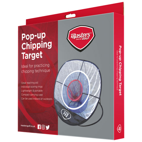 A pop-up chipping target is displayed showing scoring rings and a lightweight design for practicing golf chipping technique. It includes text highlighting features and suitability for indoor or outdoor use.