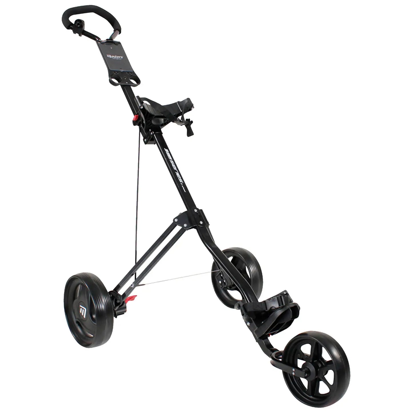 A black golf push cart stands upright with three wheels. It holds a golf bag in a designated seat while the handle is positioned for easy maneuverability on a golf course.