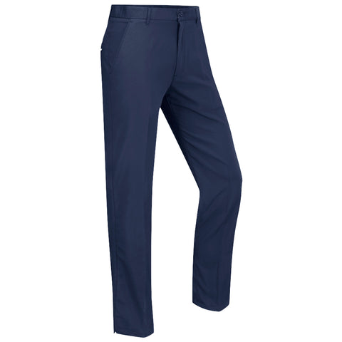 Navy blue trousers are displayed standing upright showcasing a straight leg cut and a flat front design in a neutral background without any visible text or additional elements.